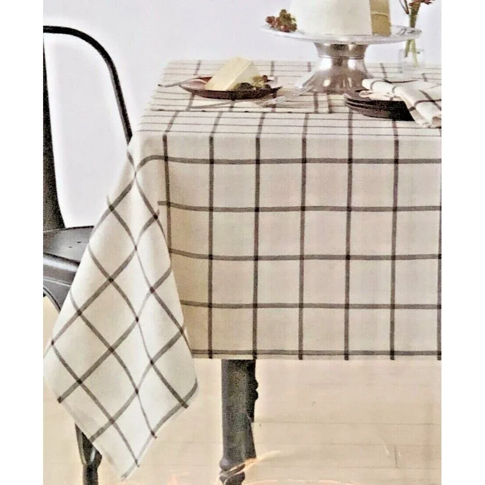 Shiloh Windowpane Fabric Tablecloth Shiloh Check Ivory Black Polyester 60x84